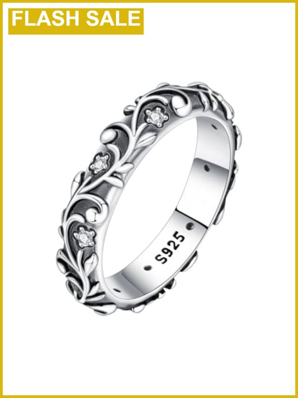 925 Sterling Silver Stacking Ring with Cubic Zirconia Patterned S925